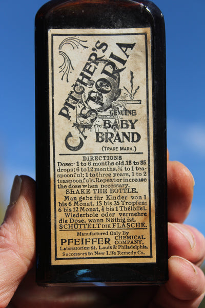 Old Apothecary Bottle  - Circa 1890 - PITCHER'S CASTORIA - Genuine Baby Brand - Embossed With Label & Contents - Very Fine -  Please No Discount Codes On This Listing