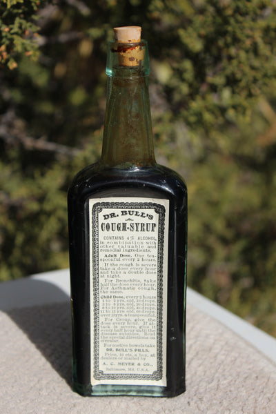 Old Apothecary Bottle  - Circa 1880 - DR. BULL'S  COUGH SYRUP A.C.Meyer & Co.  Baltimore, Md.  NEAR MINT With 2 Labels - Embossed -   Please No Discount Codes On This Listing