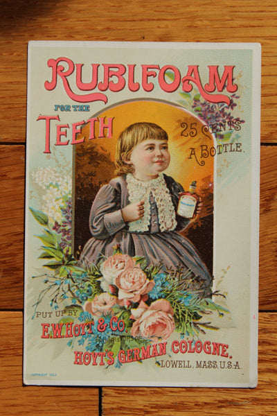 Old Apothecary Bottle  - Circa 1880 to 1900 - RUBIFOAM For The Teeth - Lowell, Mass. Fine Condition with Fine Victorian Era Ad Card  -   Please No Discount Codes On This Listing