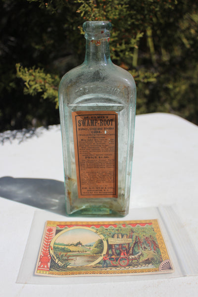Old Apothecary Bottle  - Circa 1870 - DR. KILMER'S SWAMP-ROOT - Kidney, Liver, and Bladder Cure -  Binghamton, N.Y.  - An Early Version w/Fine Label & Victorian Ad Card - -  Please No Discount Codes On This Listing
