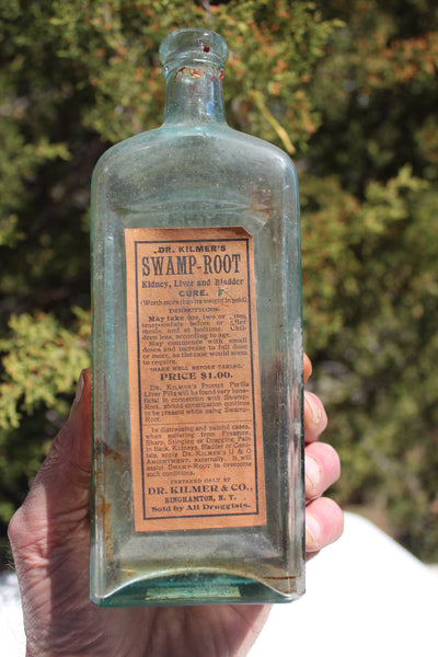 Old Apothecary Bottle  - Circa 1870 - DR. KILMER'S SWAMP-ROOT - Kidney, Liver, and Bladder Cure -  Binghamton, N.Y.  - An Early Version w/Fine Label & Victorian Ad Card - -  Please No Discount Codes On This Listing