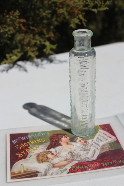Old Apothecary Bottle  - Circa 1870 to 1880's -  MRS WINSLOWS - SOOTHING SYRUP - Curtis & Perkins Proprietors - Fine Condition w/Fine Victorian Era Ad Card -  Please No Discount Codes On This Listing