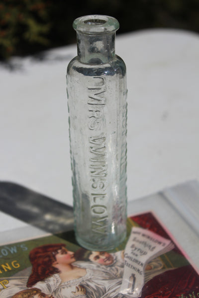 Old Apothecary Bottle  - Circa 1870 to 1880's -  MRS WINSLOWS - SOOTHING SYRUP - Curtis & Perkins Proprietors - Fine Condition w/Fine Victorian Era Ad Card -  Please No Discount Codes On This Listing