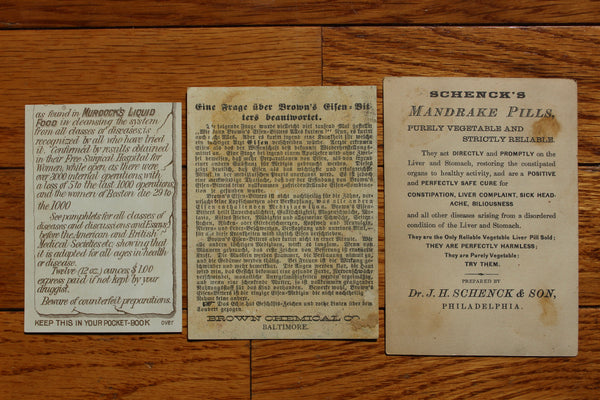 Old Apothecary Bottle - Circa 1880's Victorian Era Trade/Advertising Cards (3 cards) - Medicine, Pharmacy, Beauty, etc.   120+ years old! Very Good Condition  -  Group #1 - Please No Discount Codes On This Listing