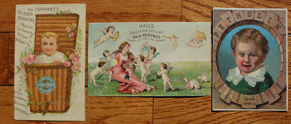 Old Apothecary Bottle - Circa 1880's Victorian Era Trade/Advertising Cards (3 cards) - Medicine, Pharmacy, Beauty, etc.   120+ years old! Very Good Condition  -  Group #2 - Please No Discount Codes On This Listing