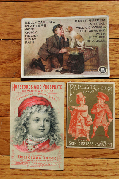 Old Apothecary Bottle - Circa 1880's Victorian Era Trade/Advertising Cards (3 cards) - Medicine, Pharmacy, Beauty, etc.   120+ years old! Very Good Condition  -  Group #5 - Please No Discount Codes On This Listing