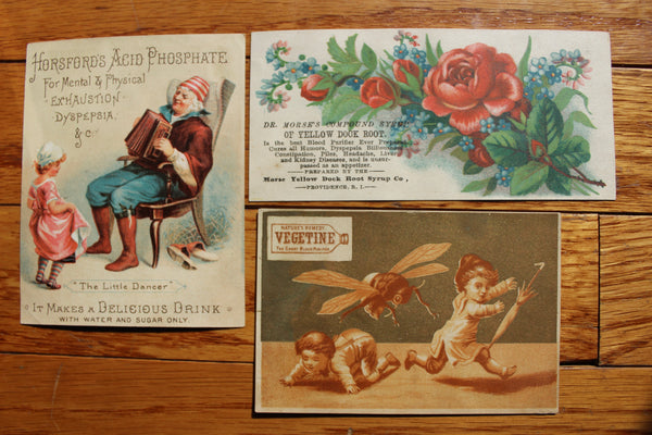 Old Apothecary Bottle - Circa 1880's Victorian Era Trade/Advertising Cards (3 cards) - Medicine, Pharmacy, Beauty, etc.   120+ years old! Very Good Condition  -  Group #6 - Please No Discount Codes On This Listing