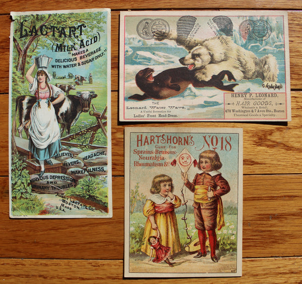 Old Apothecary Bottle - Circa 1880's Victorian Era Trade/Advertising Cards (3 cards) - Medicine, Pharmacy, Beauty, etc.   120+ years old! Very Good Condition  -  Group #7 - Please No Discount Codes On This Listing