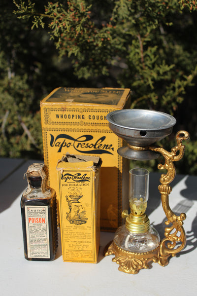 Old Apothecary Bottle  -Circa 1890 to 1920 - VAPO-CRESOLENE - Vaporizer - Unused - Mint Condition - Box w/Instructions, Bottle w/labels Near Fine - Overall Complete and Rare! - See ALL Photos -  Please No Discount Codes On This Listing