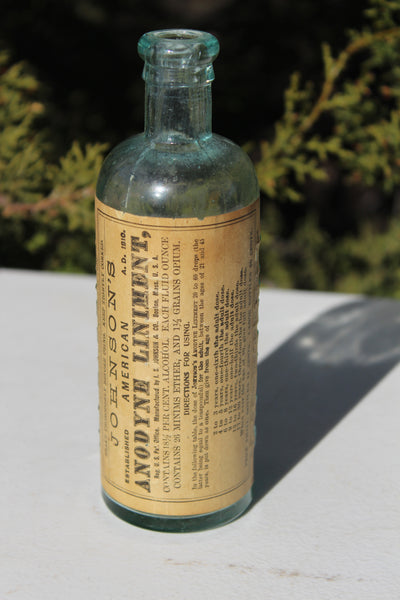 Old Apothecary Bottle  - Circa 1910 -  JOHNSON'S AMERICAN ANODYNE LINIMENT- Boston - An Opium Medicine w/Near Perfect Label! RARE!-  Please No Discount Codes On This Listing
