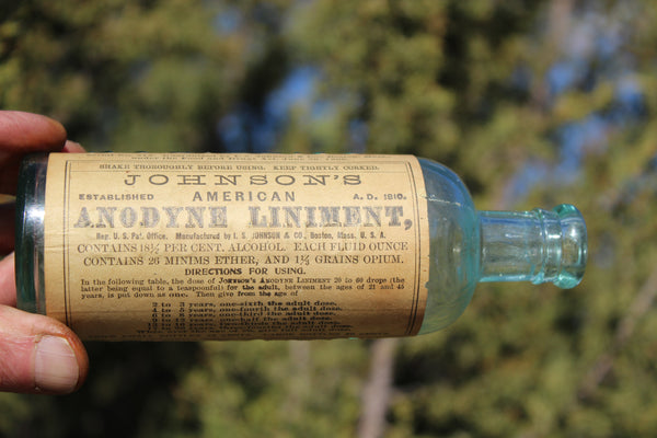Old Apothecary Bottle  - Circa 1910 -  JOHNSON'S AMERICAN ANODYNE LINIMENT- Boston - An Opium Medicine w/Near Perfect Label! RARE!-  Please No Discount Codes On This Listing
