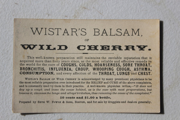 Old Apothecary Bottle  - Circa 1870 - Dr. WISTAR'S BALSAM OF WILD CHERRY - PHILADELPHIA - IB. - Mint Condition with 3 Very Fine Victorian Trade Cards -  Please No Discount Codes On This Listing