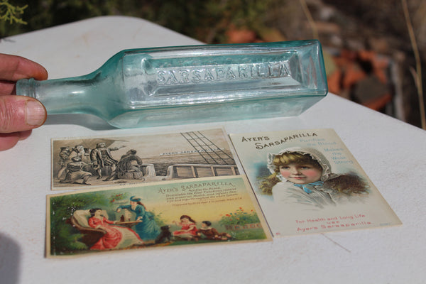 Old Apothecary Bottle  - Circa 1870 to 1880 - AYERS SARSAPARILLA - Lowell, Mass. U.S.A. - 4 Embossed Panels - Fine Condition w/ 3 Victorian Era Ad Cards -   Please No Discount Codes On This Listing