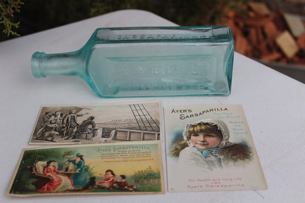 Old Apothecary Bottle  - Circa 1870 to 1880 - AYERS SARSAPARILLA - Lowell, Mass. U.S.A. - 4 Embossed Panels - Fine Condition w/ 3 Victorian Era Ad Cards -   Please No Discount Codes On This Listing