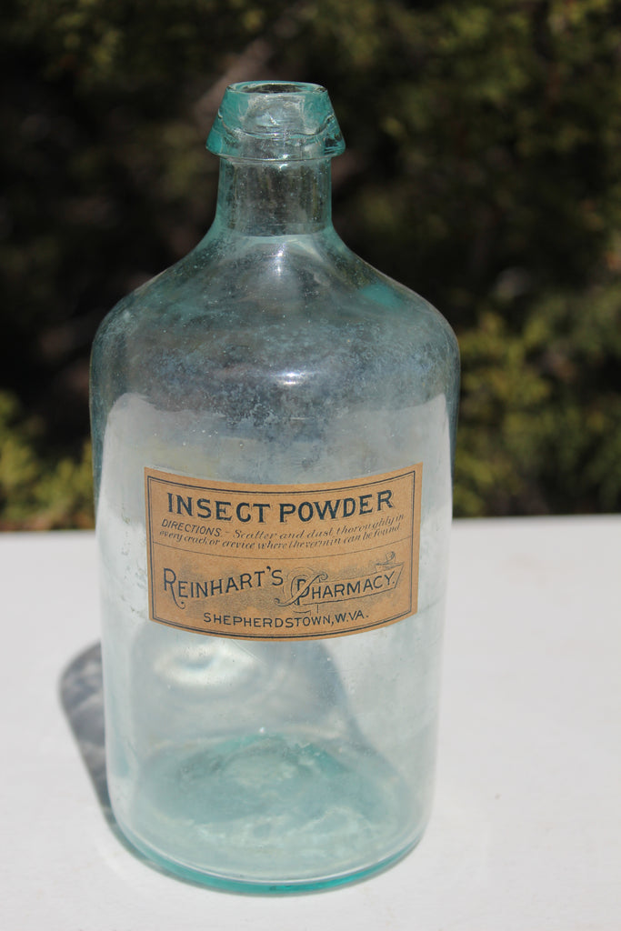 Old Apothecary Bottle  - Circa 1840 to 1860's -  OPEN PONTIL w/ Label - INSECT POWDER - Reinhard's Pharmacy - Shepherdstown, W. VA. - Near Mint Overall  -  Please No Discount Codes On This Listing