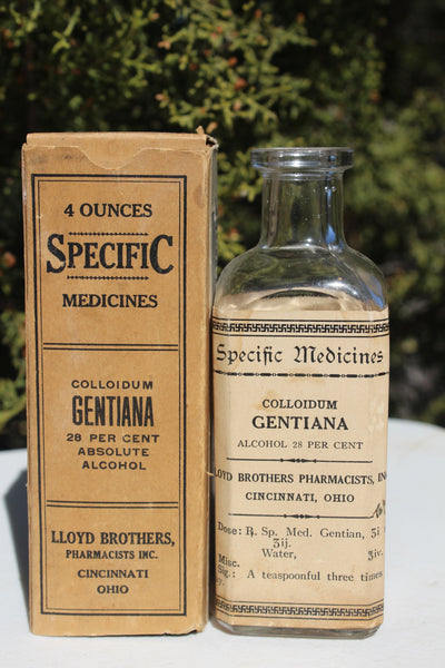 Old Apothecary Bottle  - Circa 1900 - LLOYD BROTHERS - Colloidum GENTIANA - Specific Medicines -  Bottle, Label, and Box - Fine Condition  -  Please No Discount Codes On This Listing