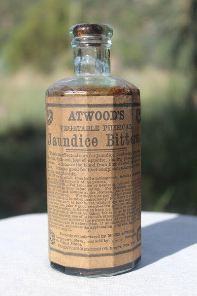 Old Apothecary Bottle  -  Circa 1880-1890   ATWOOD'S  VEGETABLE PHYSICAL JAUNDICE BITTERS w/Label - Nice! -  Please No Discount Codes On This Listing