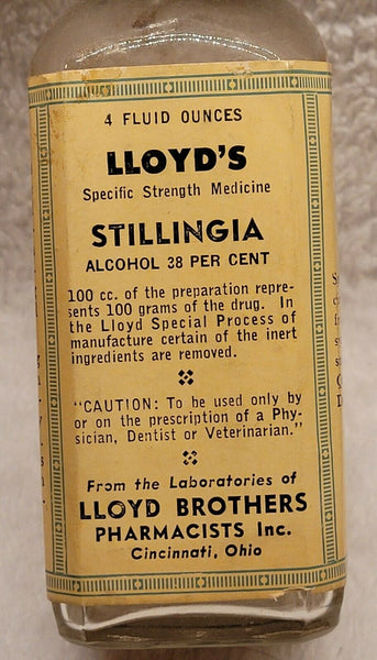 Old Apothecary Bottle - LLOYD'S STILLINGIA ORIGINAL LABEL W AWESOME WOODEN EMBOSSED STOPPER CINCINNATI OHIO - Please No Discount Codes On This Listing