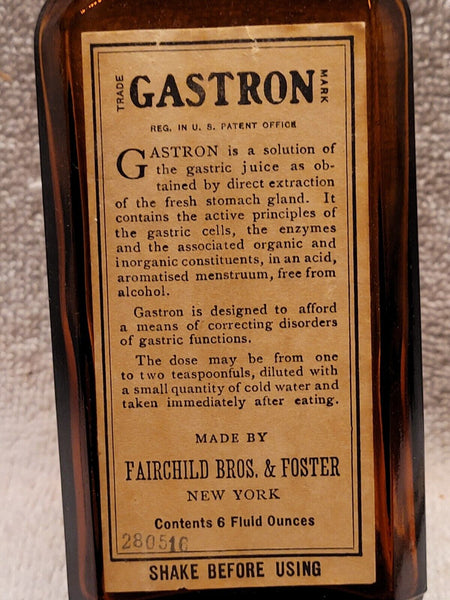 Old Apothecary Bottle - GASTRON by FAIRCHILD BROTHERS & FOSTER ANTI INDEGESTION MEDICINE ORIGINAL LABEL  - Please No Discount Codes On This Listing
