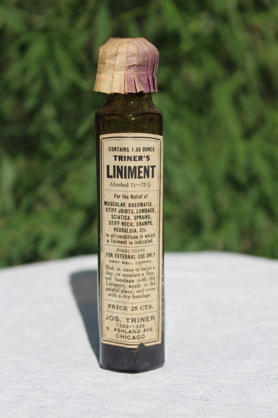 Old Apothecary Bottle  -   Circa 1890  TRINER'S LINIMENT  Jos. Triner  Chicago EMB/ w Label Near Mint -  Please No Discount Codes On This Listing