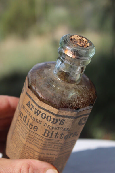 Old Apothecary Bottle  -  Circa 1880-1890   ATWOOD'S  VEGETABLE PHYSICAL JAUNDICE BITTERS w/Label - Nice! -  Please No Discount Codes On This Listing