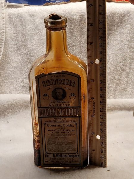Old Apothecary Bottle - Watkins Anodyne Cough Medicine Chlorodyne Original Label and Embossed  - Please No Discount Codes On This Listing