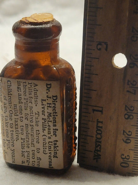 Old Apothecary Bottle -FULL EMBOSSED LABELED DR J. H. MCLEANS WHITE CRYSTAL COATED UNIVERSAL PILLS - Please No Discount Codes On This Listing
