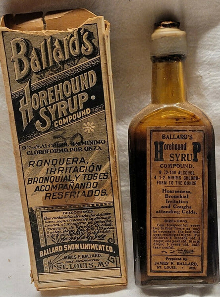Old Apothecary Bottle - AMBER BALLARD'S HOREHOUND SYRUP COMPOUND w CONTENTS LABEL BOX ST LOUIS MO- Please No Discount Codes On This Listing