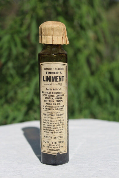 Old Apothecary Bottle  -   Circa 1890  TRINER'S LINIMENT  Jos. Triner  Chicago EMB/ w Label Near Mint -  Please No Discount Codes On This Listing