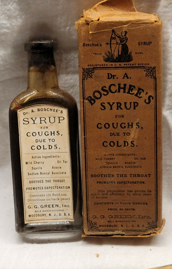 Old Apothecary Bottle -FULL EMBOSSED DR. A BOSCHEE'S COUGH SYRUP L. M. GREEN WOODBURY NJ LABEL BOX PHAM- Please No Discount Codes On This Listing